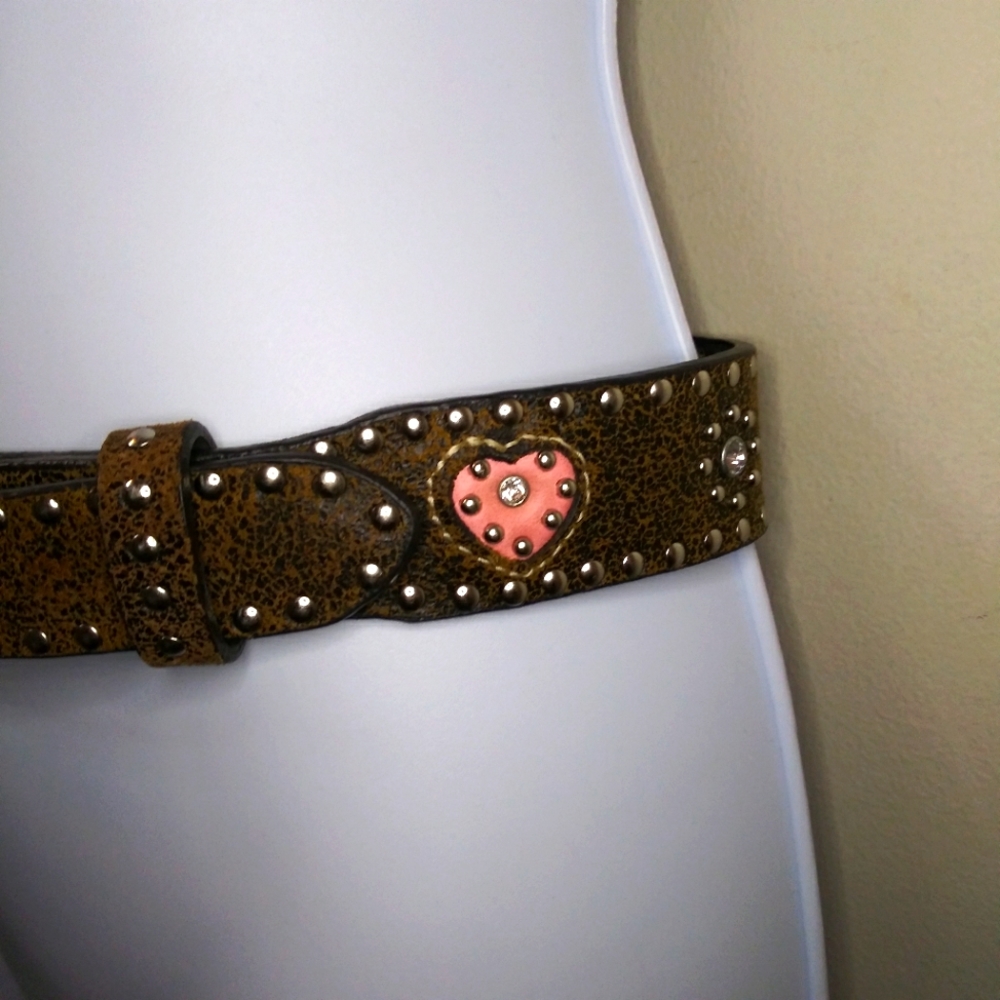 Nocona Belt Co. Girl's Brown & Pink Rhinestone & Silver Studded Western Belt - Picture 3 of 7